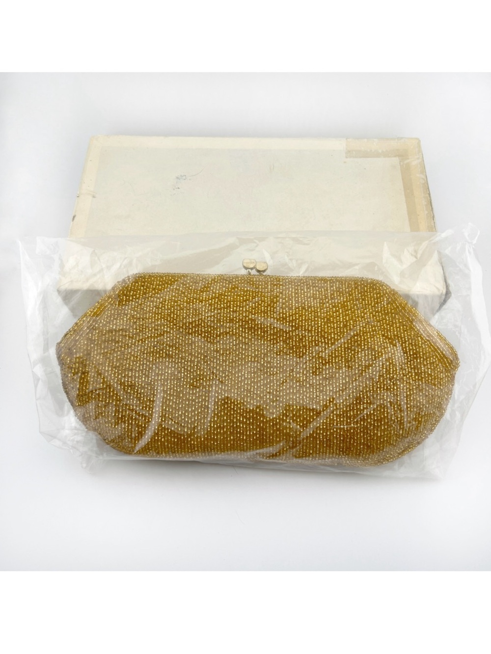 VINTAGE 1950s Gold Seed Bead Clutch Evening Bag MCM Made Japan WITH ORIGINAL BOX